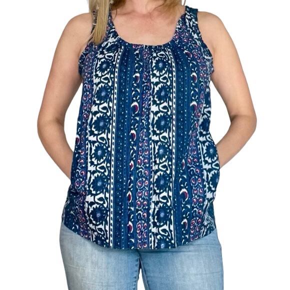 Calvin Klein Navy Floral Tunic Tank Top M Cotton Boho Pockets Ruffle - Picture 1 of 10